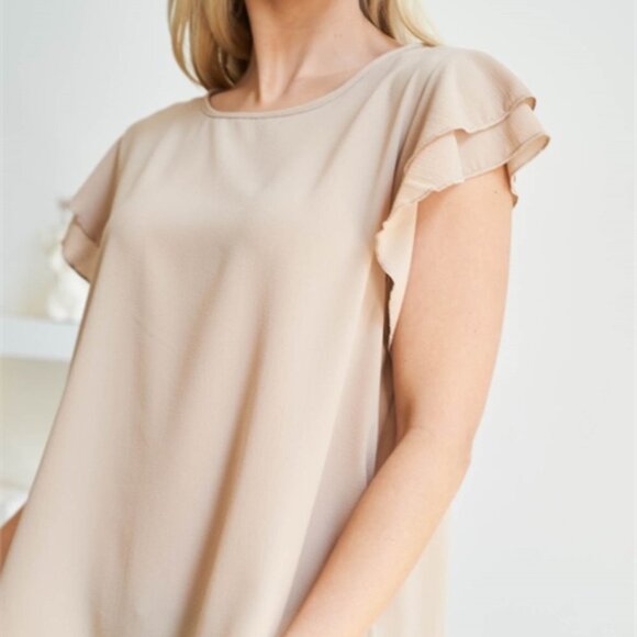 SOLID RUFFLED SLEEVE TOP- tan - Picture 3 of 8
